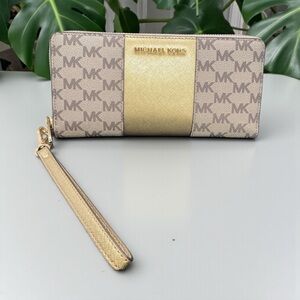 🤎💛MICHAEL KORS🤎💛Nat/Gold Jet Set Center Stripe Travel Continental Wallet/NWT